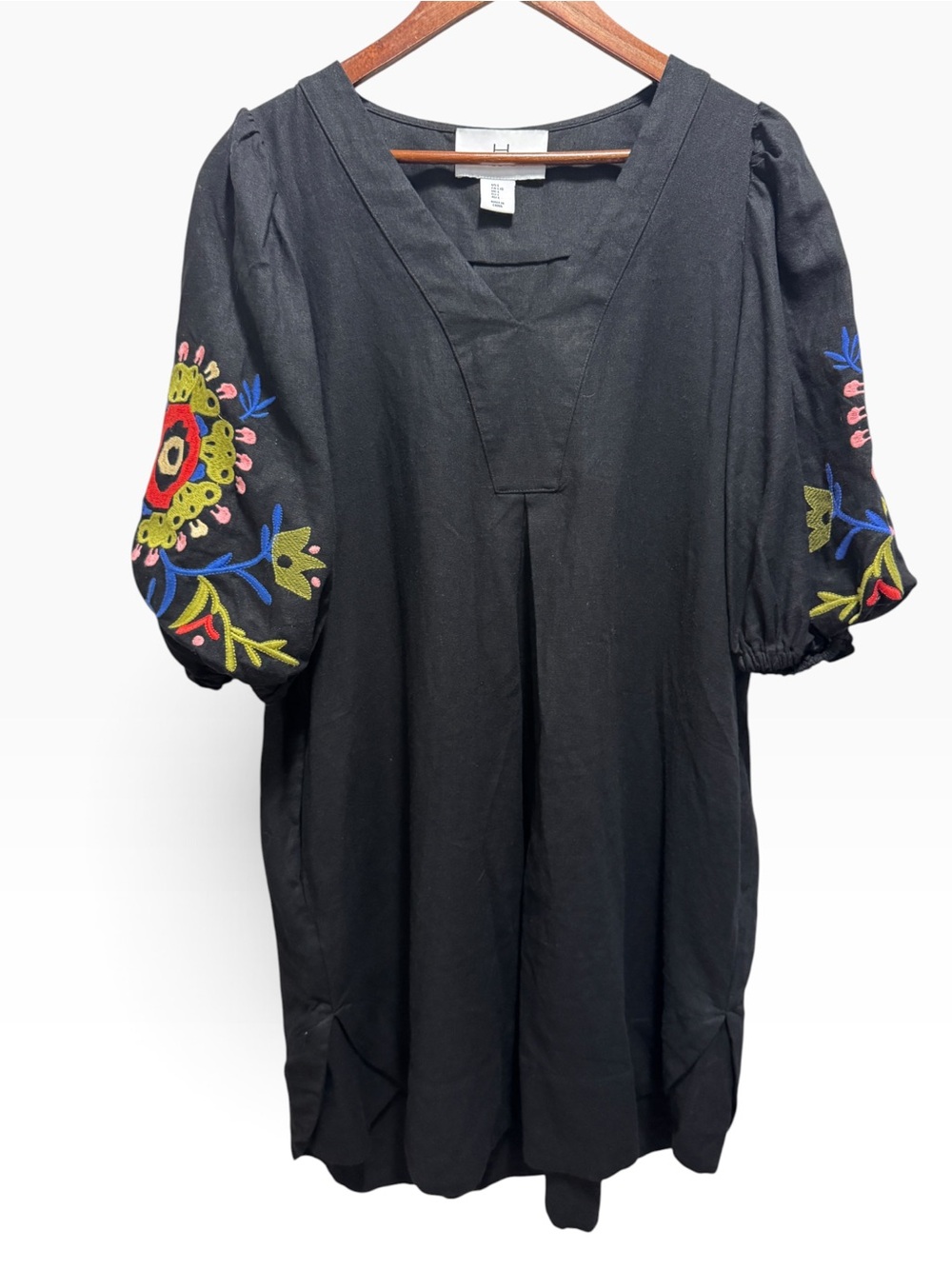 Halston Heritage Linen Blend V-Neck Embroidered Puff Sleeve Dress Size Large